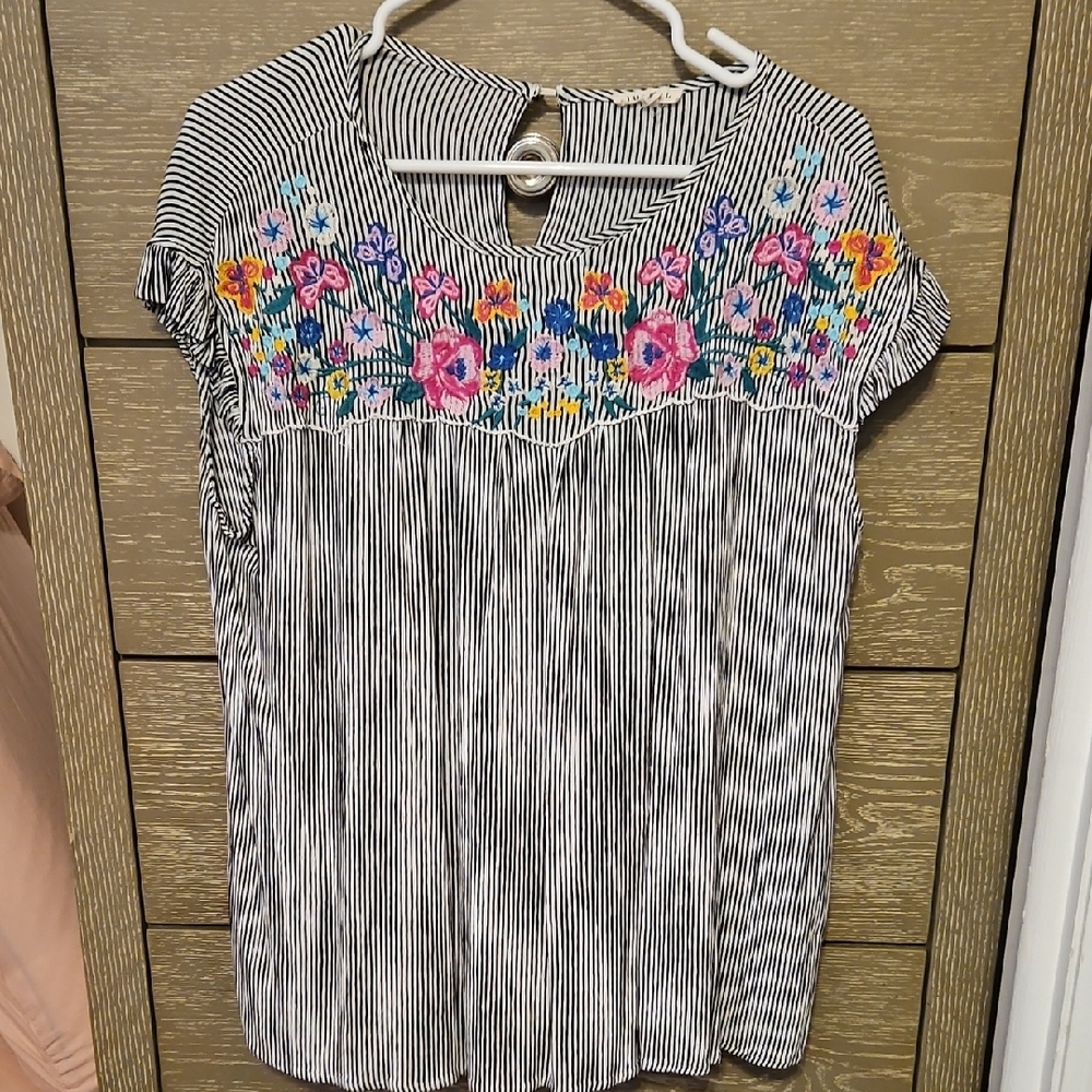 JODIFL Black and White Striped Top with Floral Embroidery